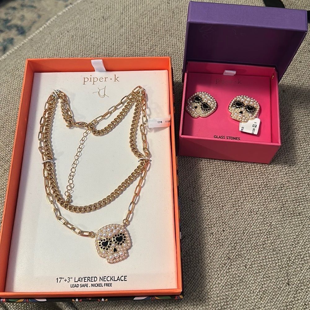 NWT and Box Piper K Halloween Skull Layered Necklace and Earrings Set
